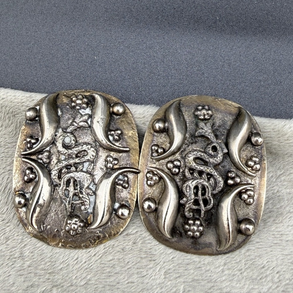 Vintage Pierced Earrings Serpent Etruscan‎ Revival Silver Tone Statement